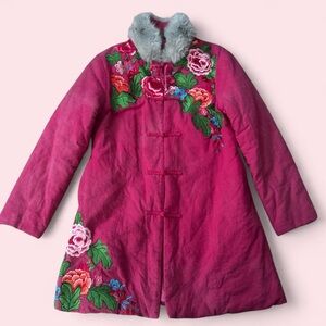 Fuchsia Embroidered Mandarin Floral Coat with Faux Fur Collar